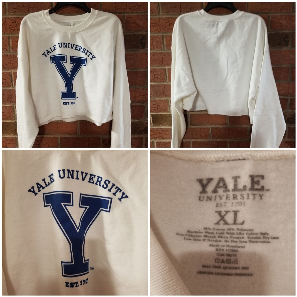 CROPPED LONG SLEEVE YALE SWEATSHIRT.  WHITE & BLUE bag18-800